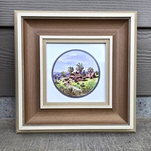 Hand Painted Tile Rural Cottage Landscape Scene Vintage Framed Original Art